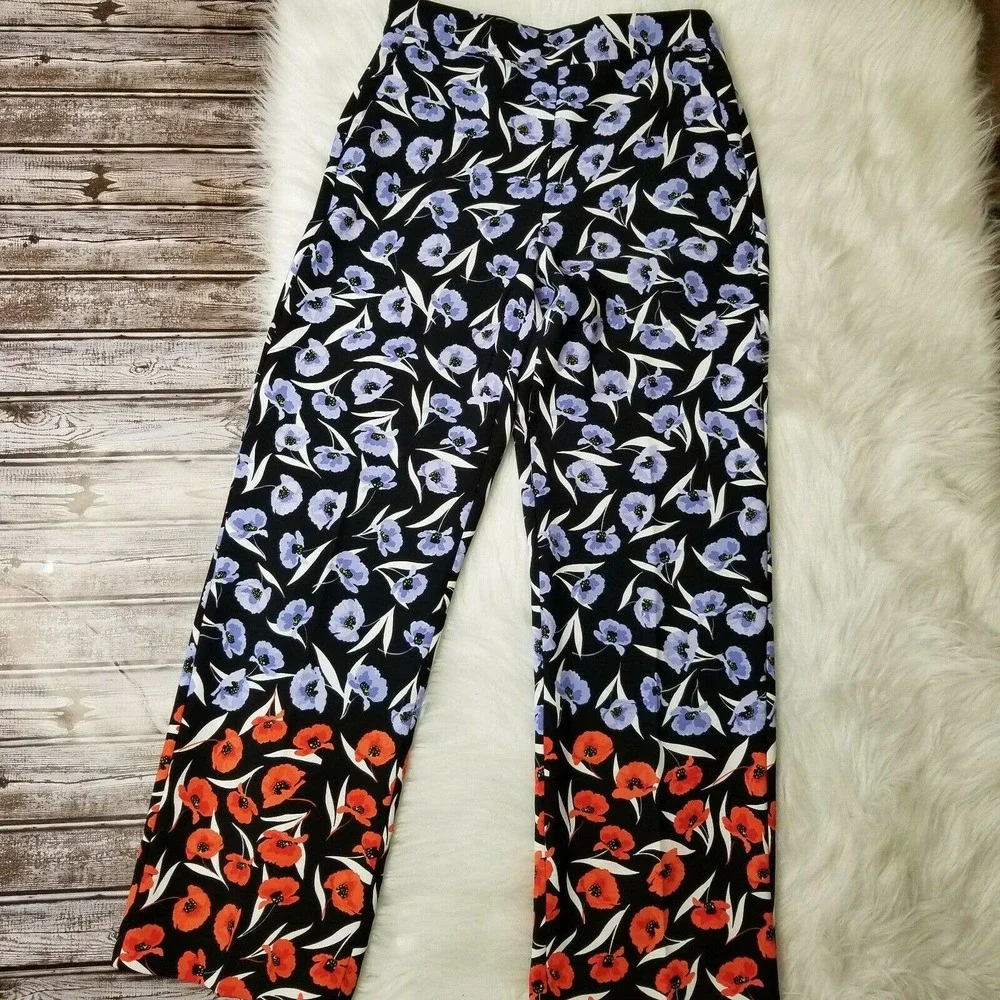 Ann Taylor Pants 6 Wide Leg Floral High Rise Blue Red Tailored - Picture 4 of 8
